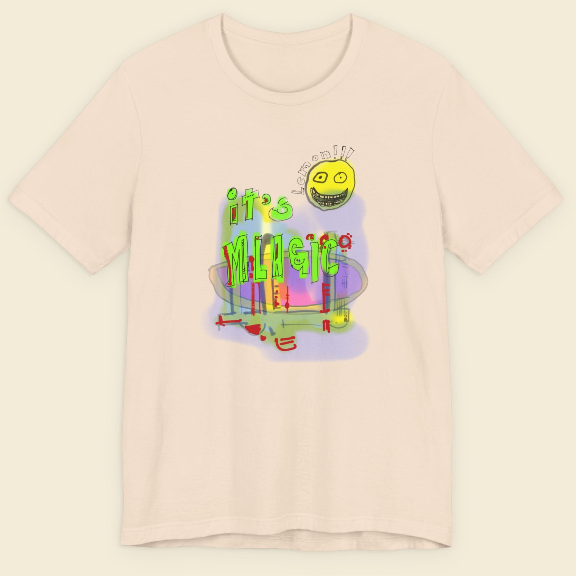 Beige t-shirt with a colorful graphic design on a beige background.