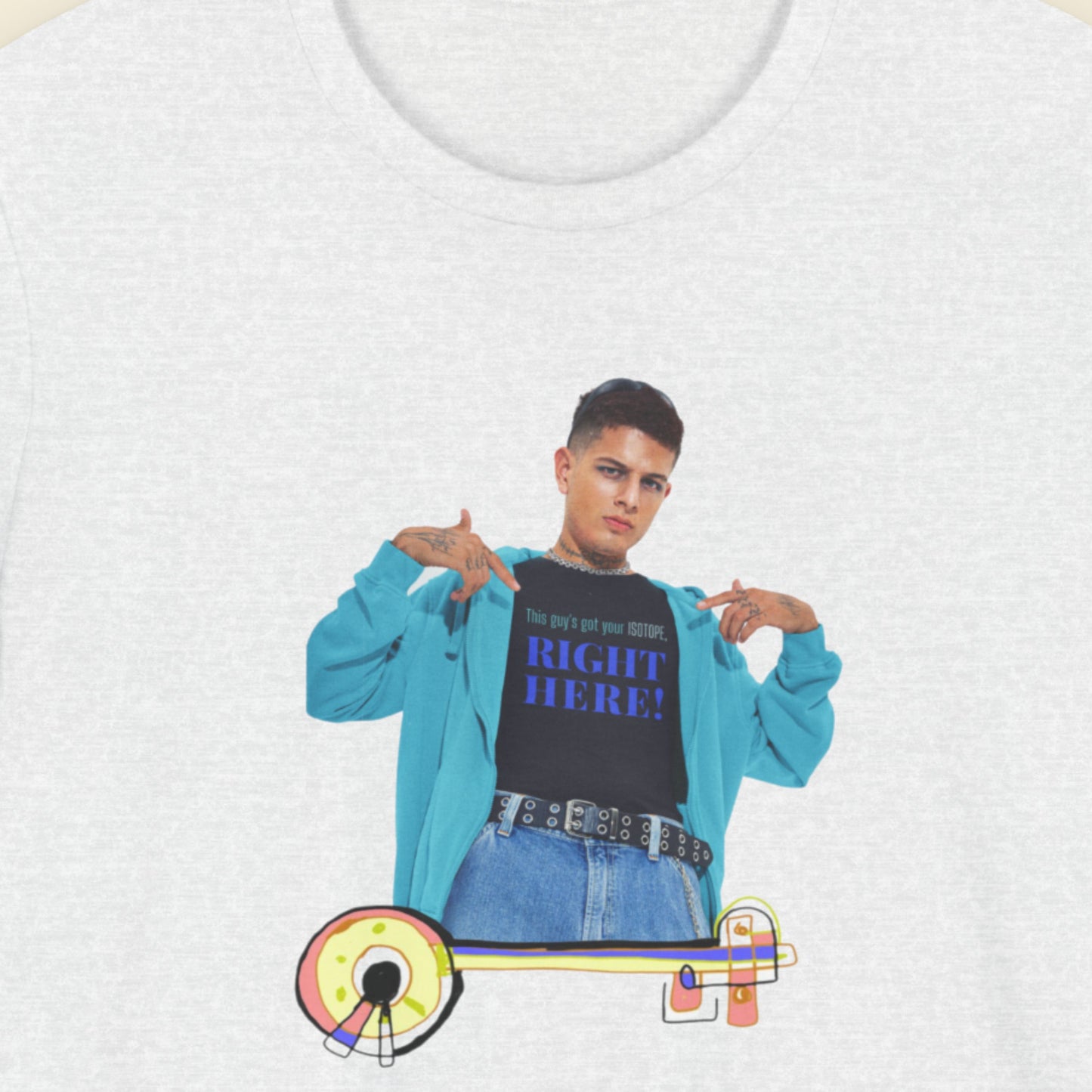 Ash grey t-shirt with a graphic of a person wearing a blue jacket and black shirt with text, standing against a white background.