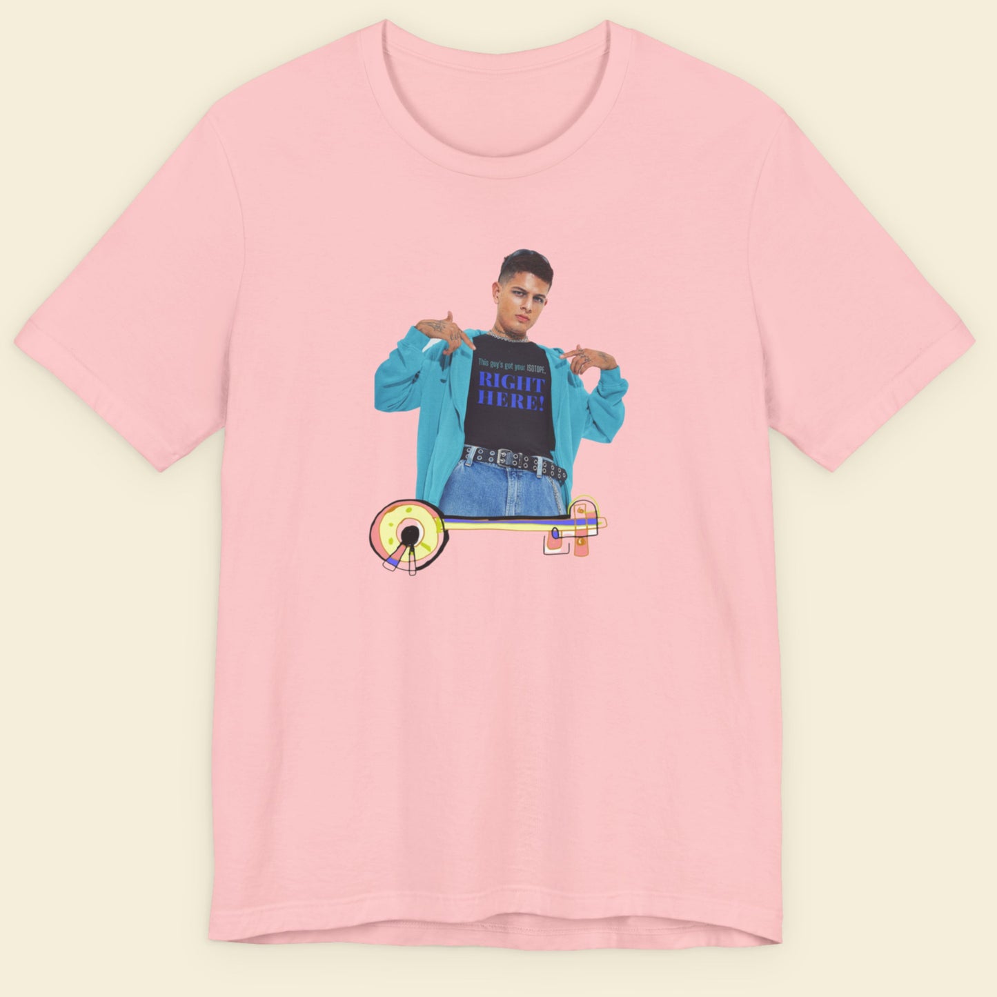 Pink t-shirt with a graphic of a person and text on a beige background.