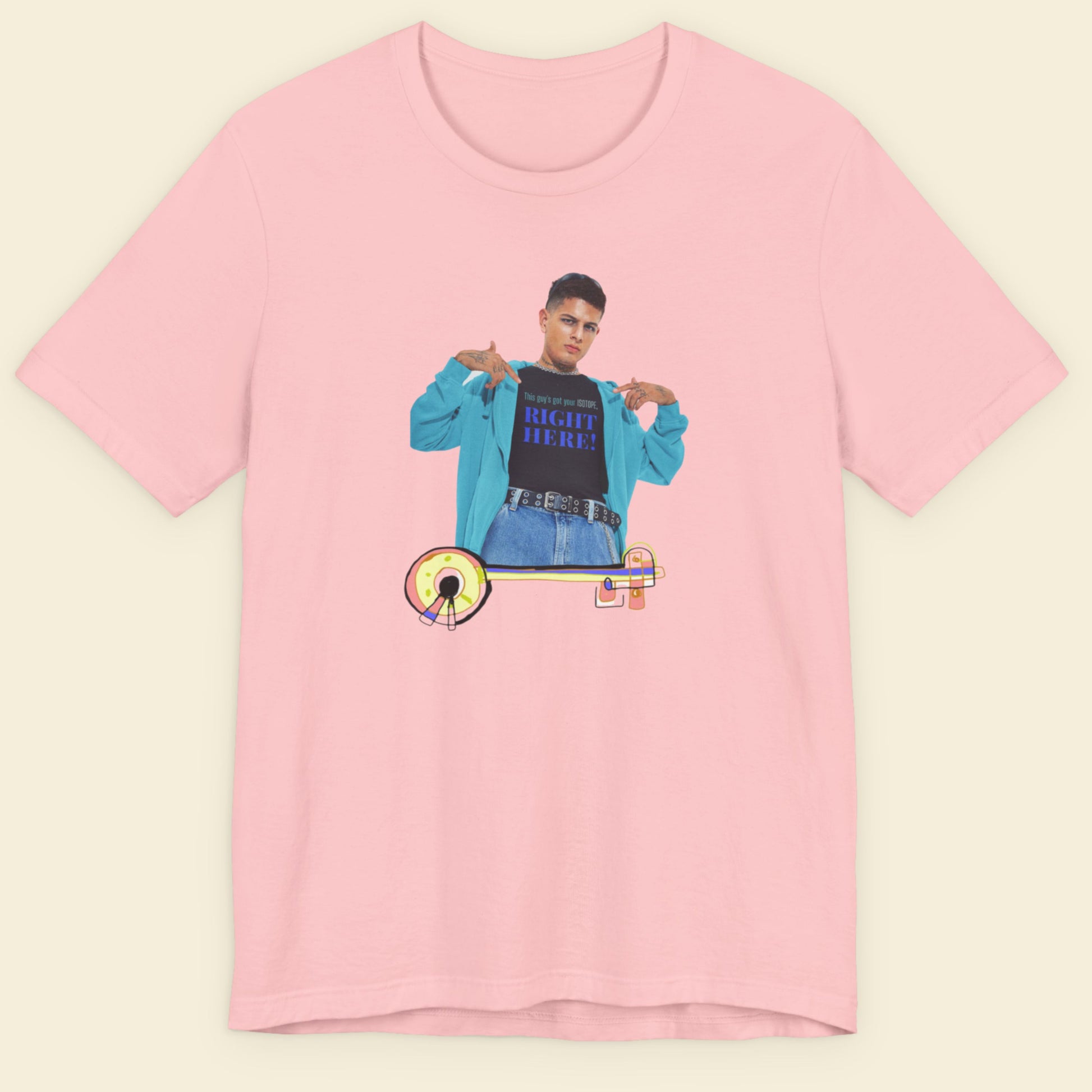 Pink t-shirt with a graphic of a person and text on a beige background.