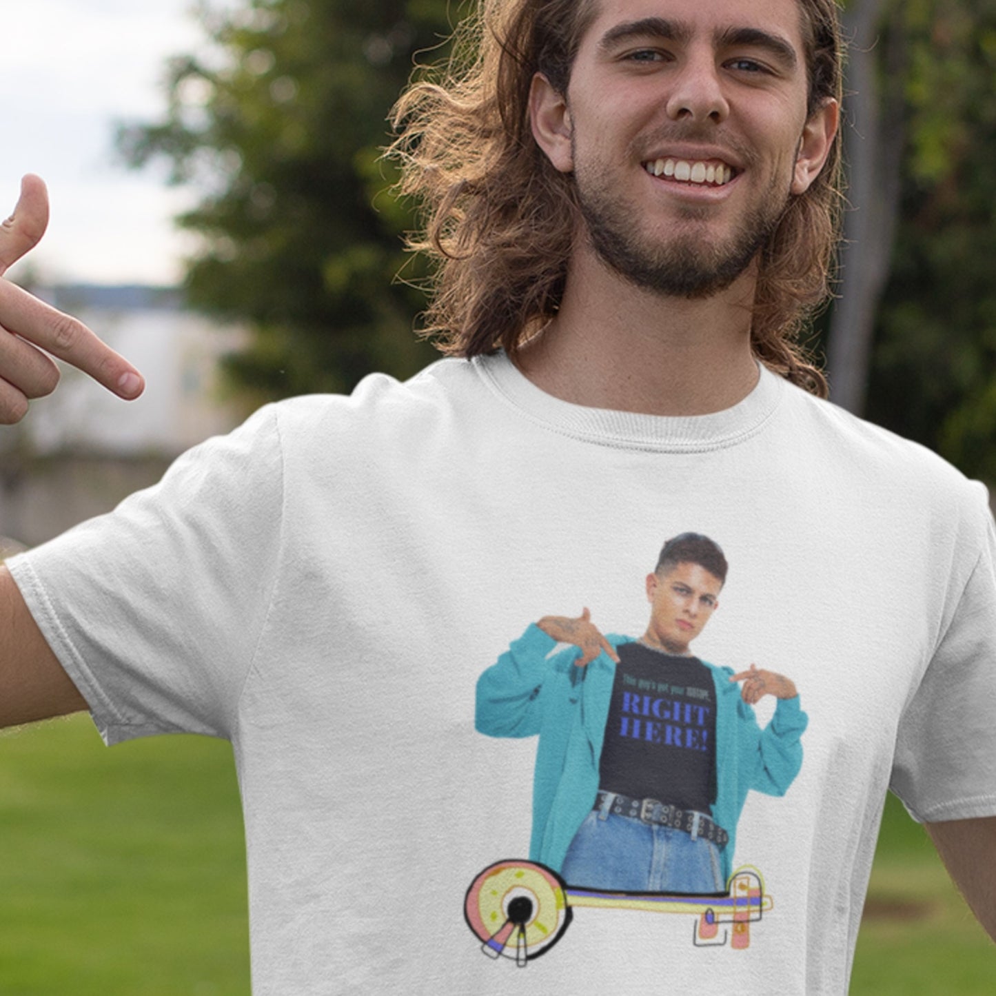 Man wearing a white t-shirt with a graphic design of a person in a blue jacket and jeans, with text 'Right Here'.