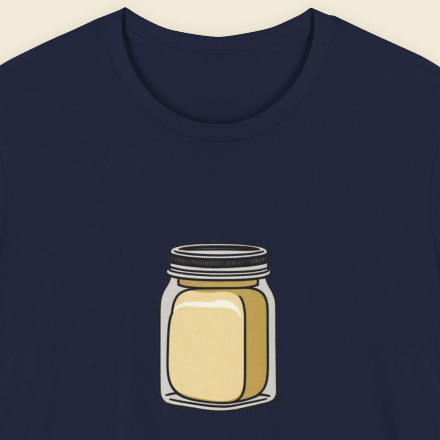 Navy t-shirt with an illustration of a jar of butter.