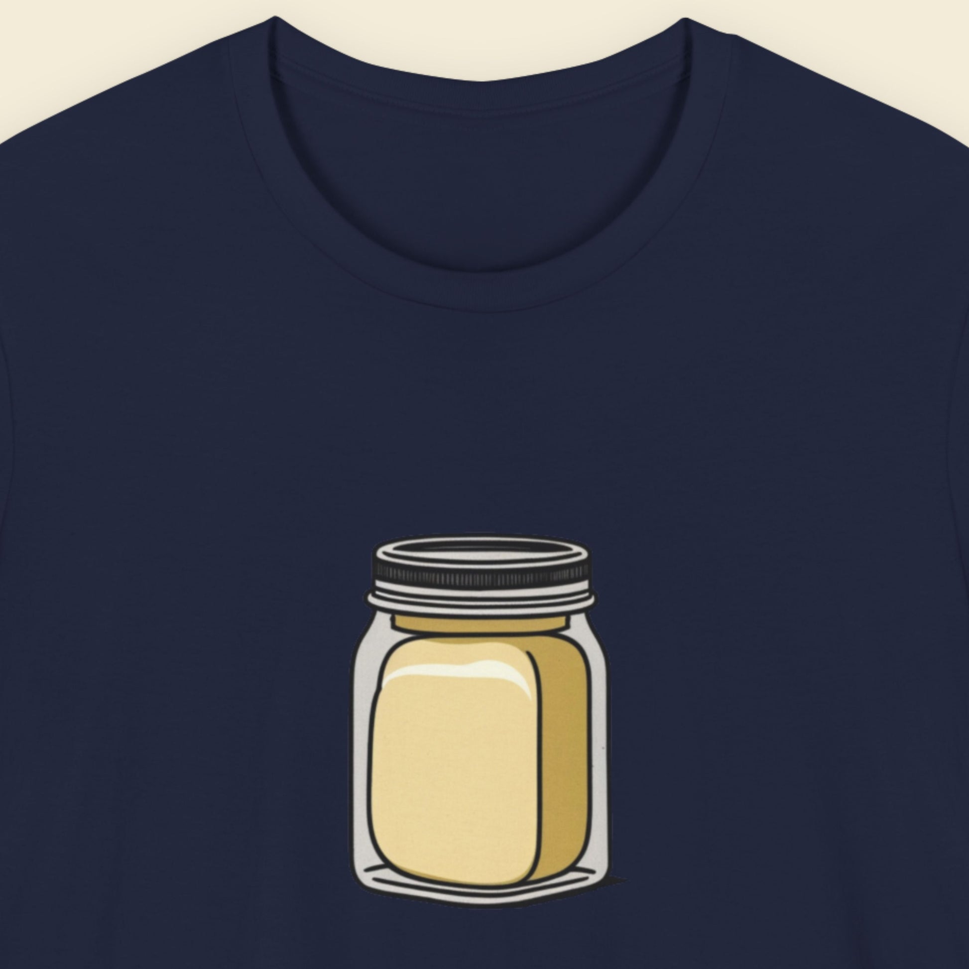 Navy t-shirt with an illustration of a jar of butter.