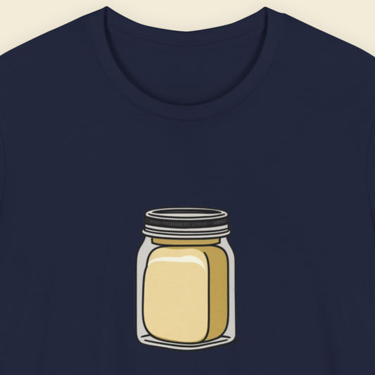 Navy t-shirt with an illustration of a jar of butter.