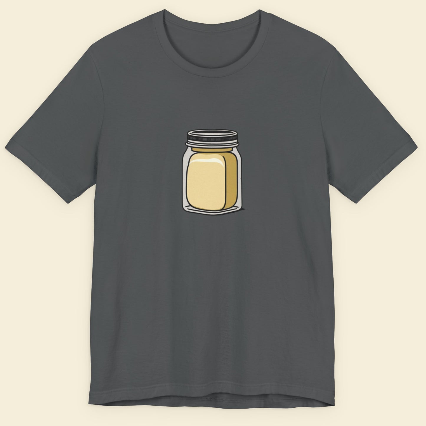Asphalt grey t-shirt with an illustration of a jar of butter.