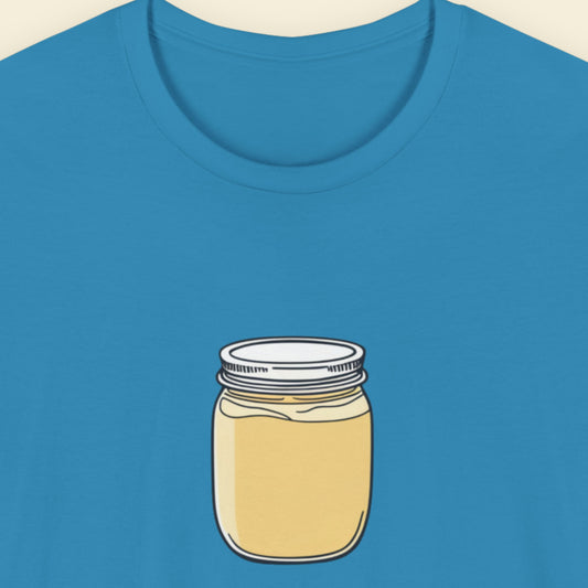 Blue shirt with a drawing of a jar of custard.