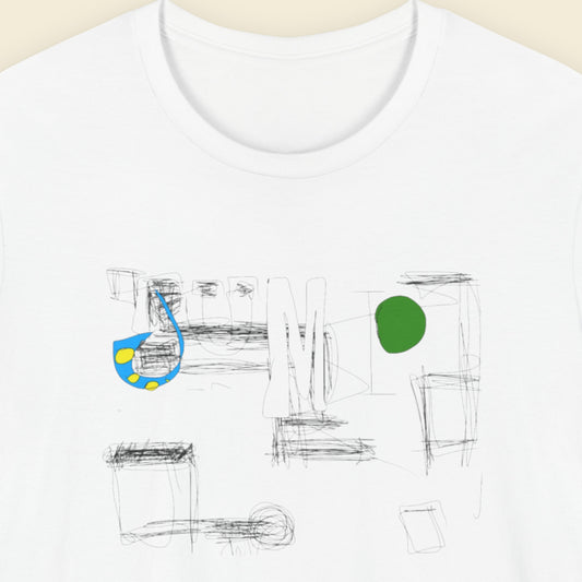 White t-shirt with a colorful abstract drawing on a beige background.