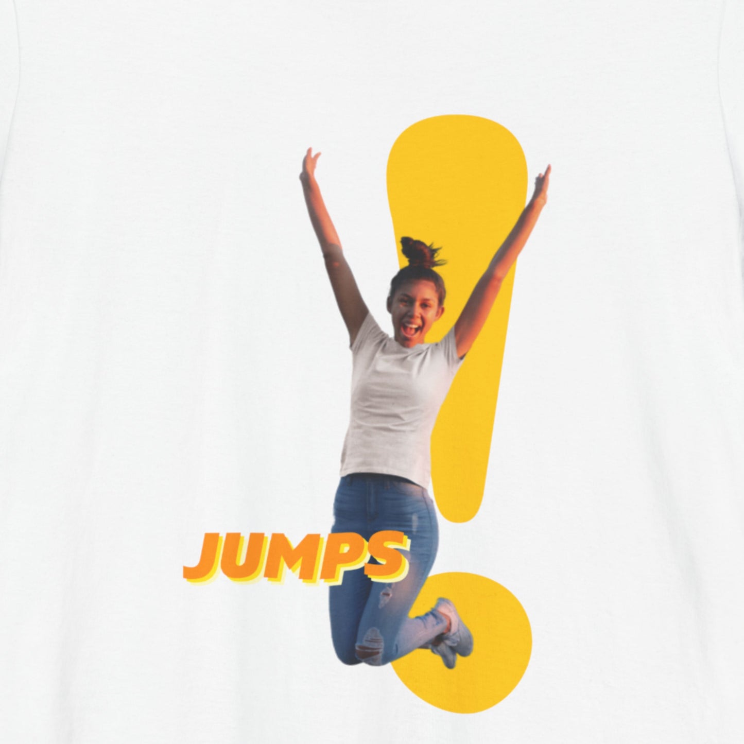 Person jumping with a large yellow exclamation mark and 'JUMPS' text on a white t-shirt.