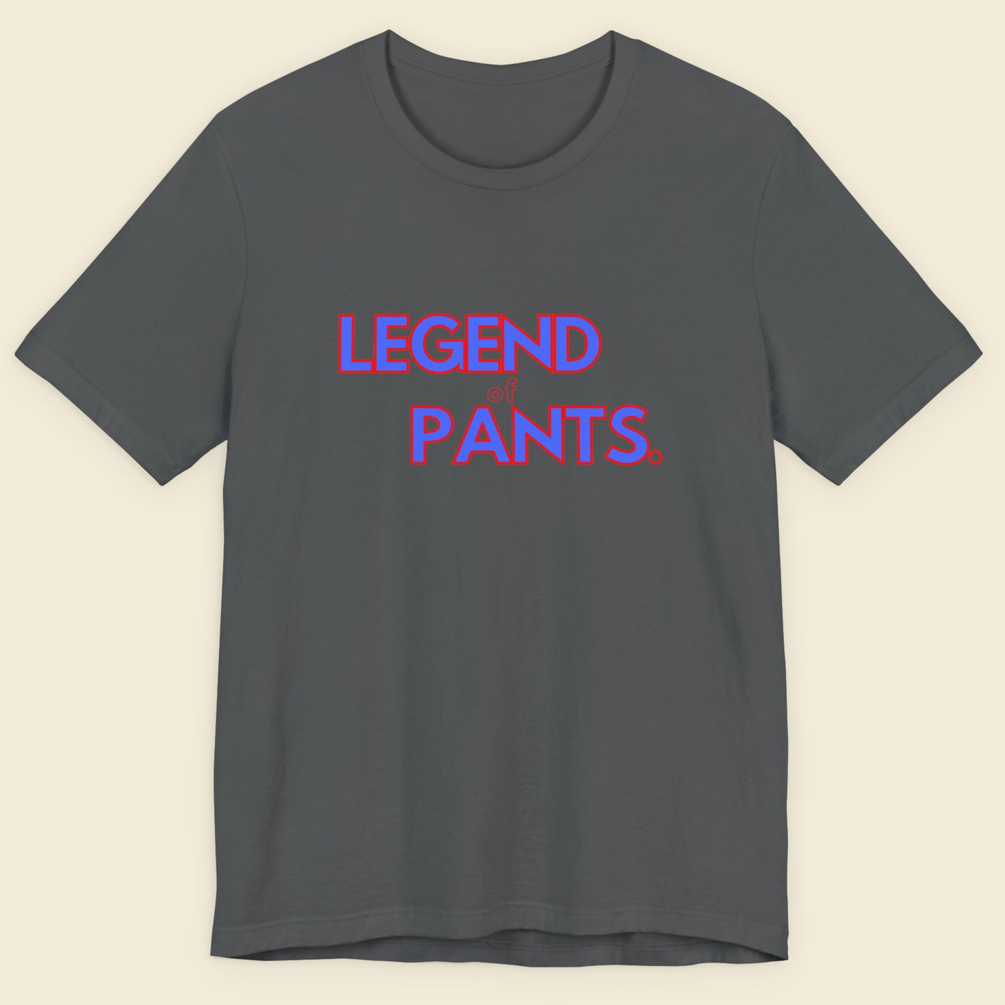 Gray t-shirt with 'LEGEND of PANTS' text in red and blue on a beige background.