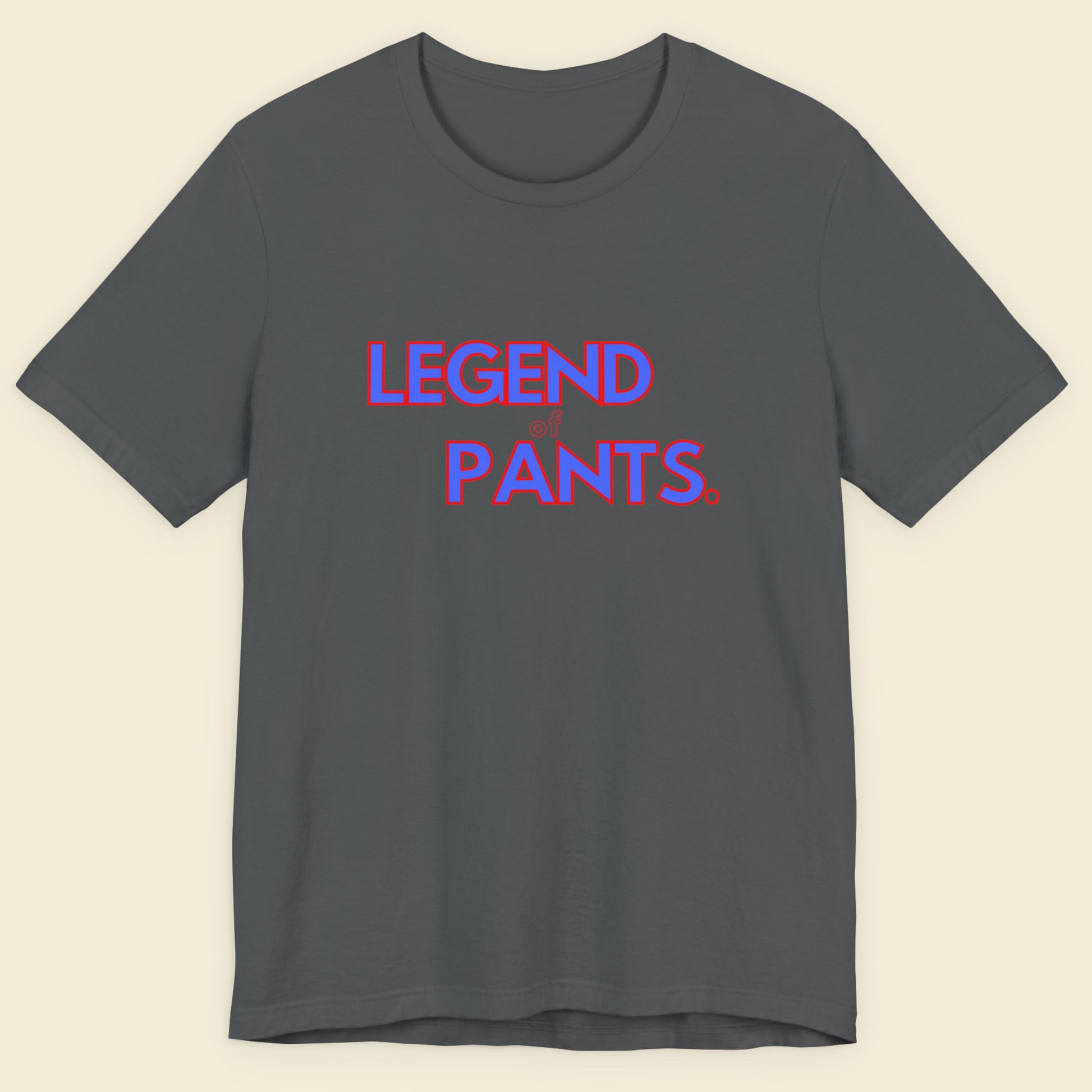 Gray t-shirt with 'LEGEND of PANTS' text in red and blue on a beige background.