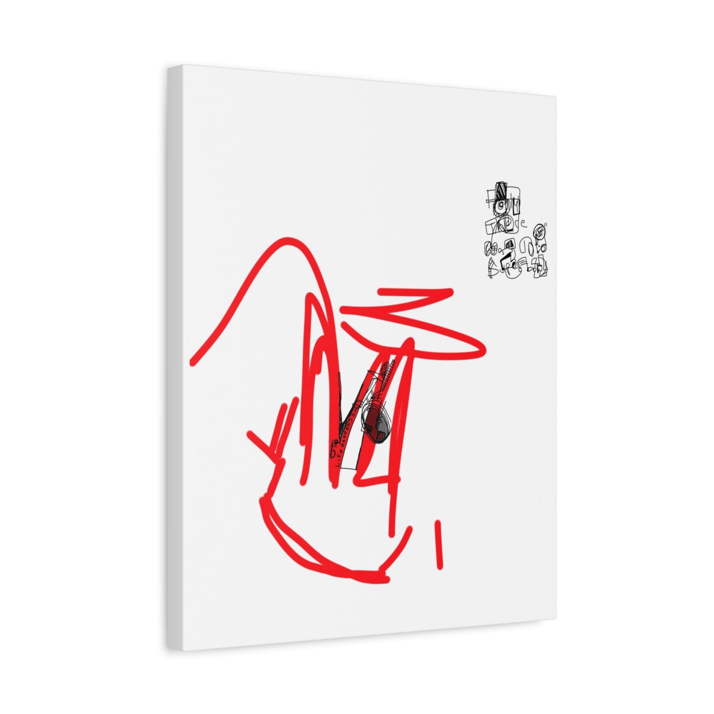 Canvas print with red abstract design and small black illustrations on a white background.