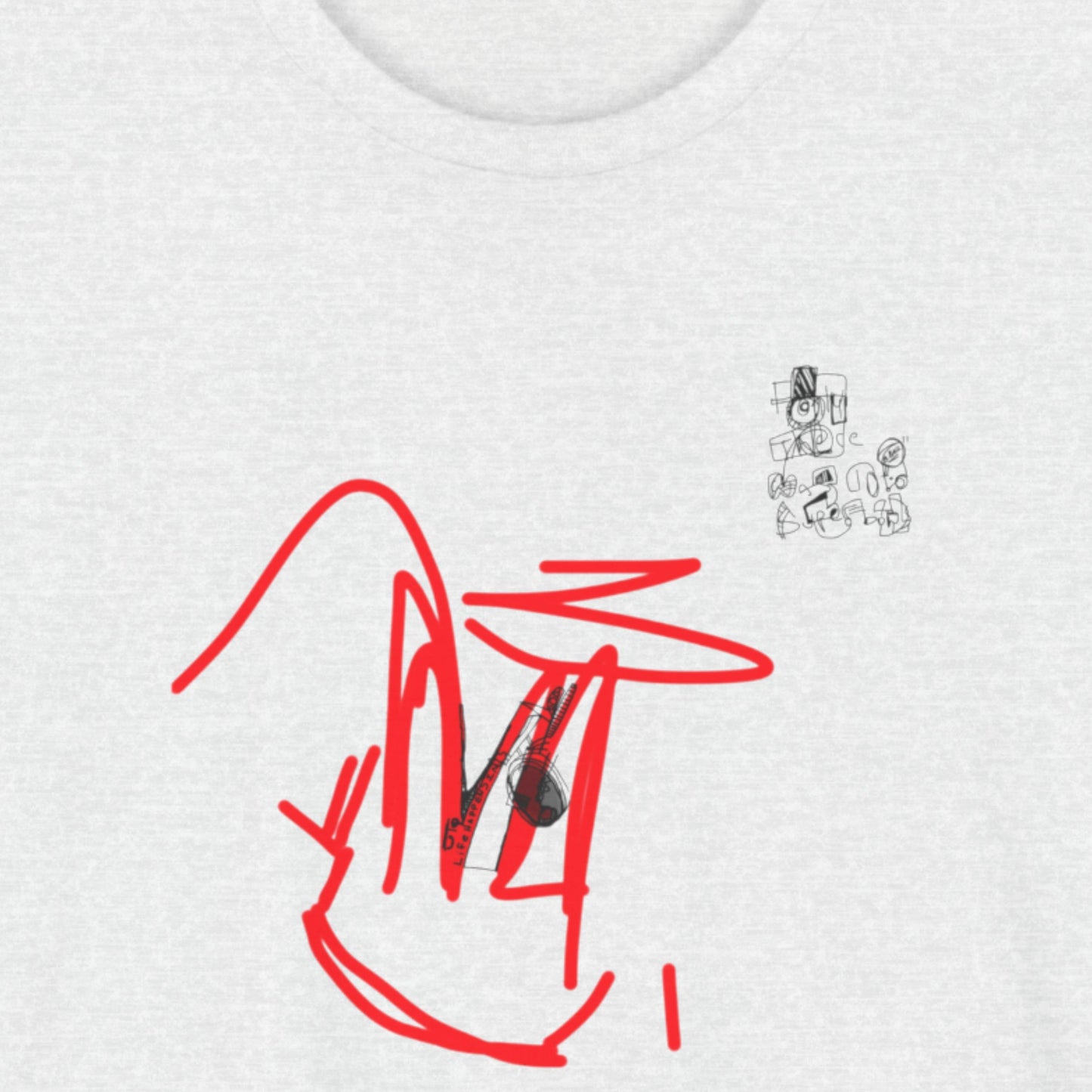 Ash grey t-shirt with a colorful abstract drawing on a beige background.