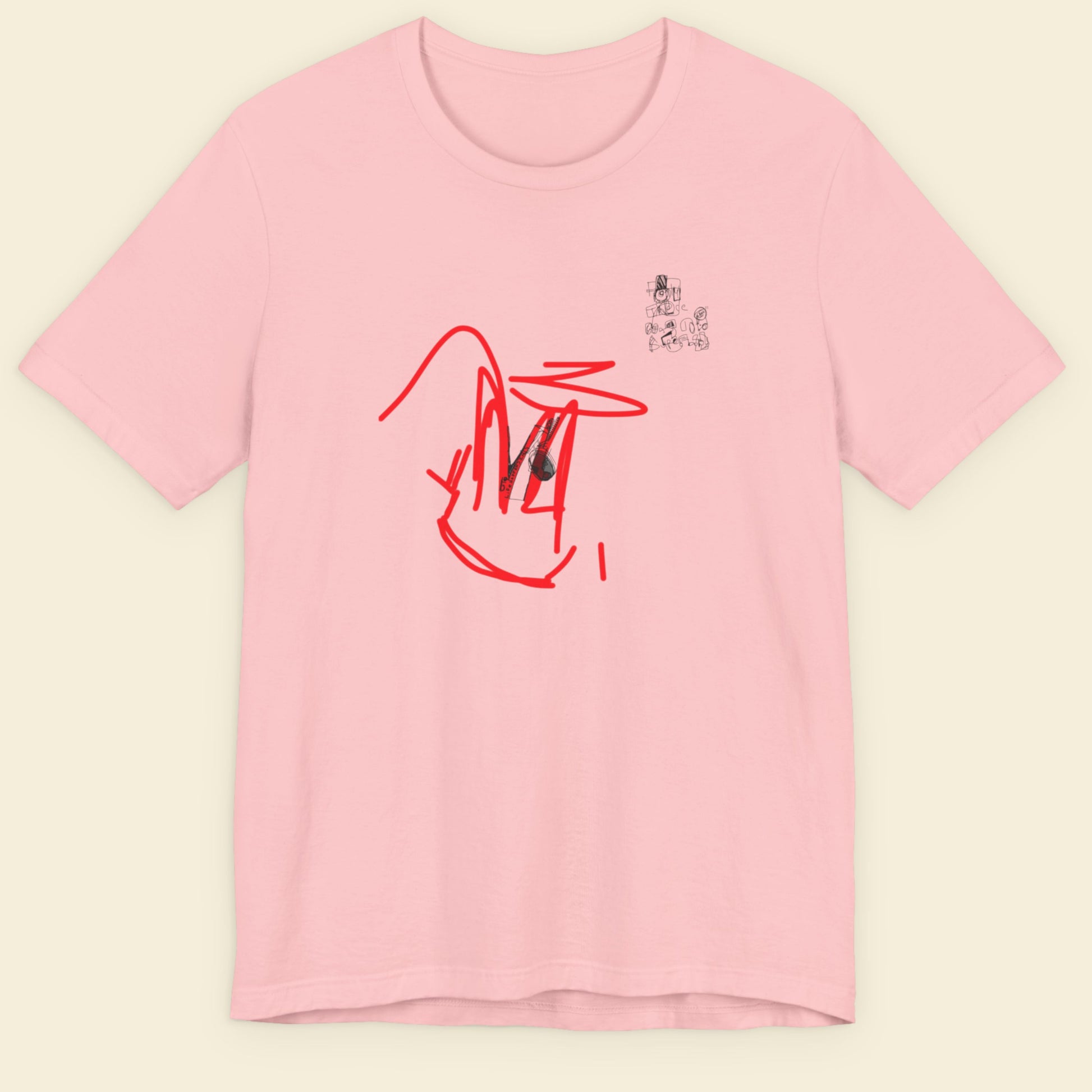 Pink t-shirt with red graphic design on a beige background.