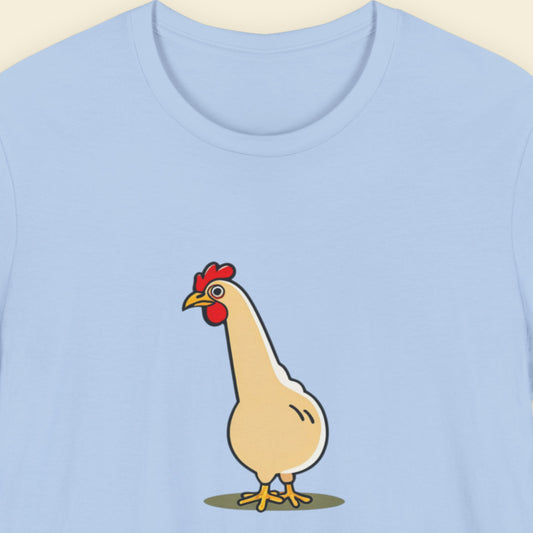 Light blue t-shirt with a cartoon chicken design on a beige background
