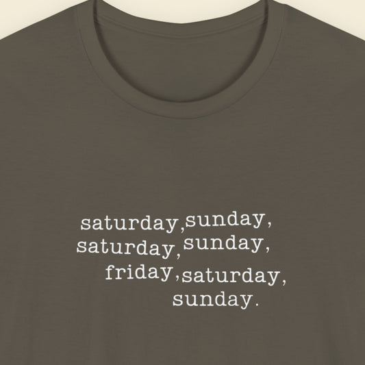 Army green shirt with humorous off-center text on a beige background.