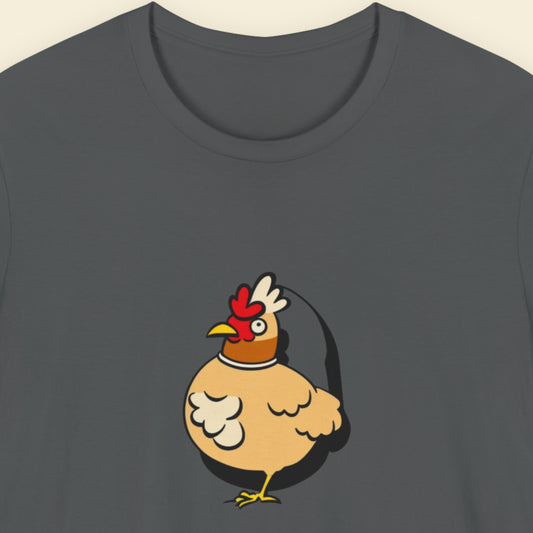 Dark gray t-shirt with a cartoon chicken design on a beige background