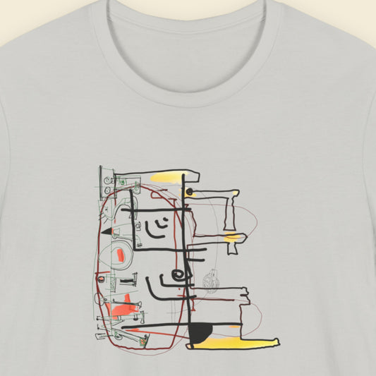 Grey t-shirt with a colorful abstract diagram drawing on a beige background.