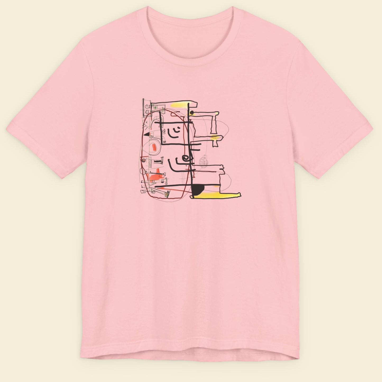 Pink t-shirt with a colorful abstract diagram drawing on a beige background.