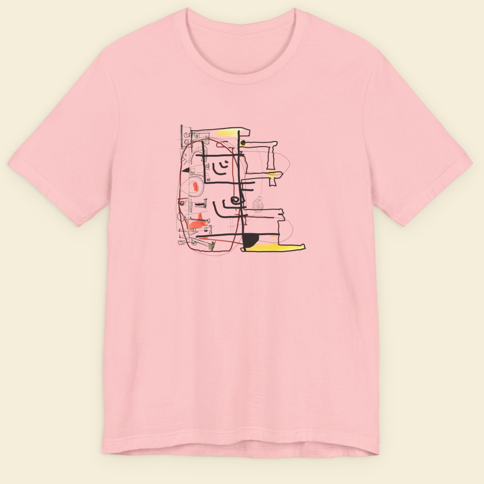 Pink t-shirt with a colorful abstract diagram drawing on a beige background.