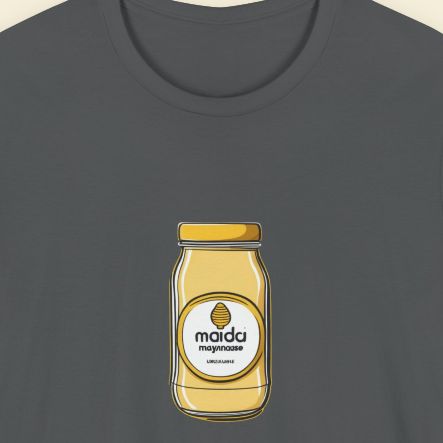 Dark grey t-shirt with a drawing of a name brand condiment jar.