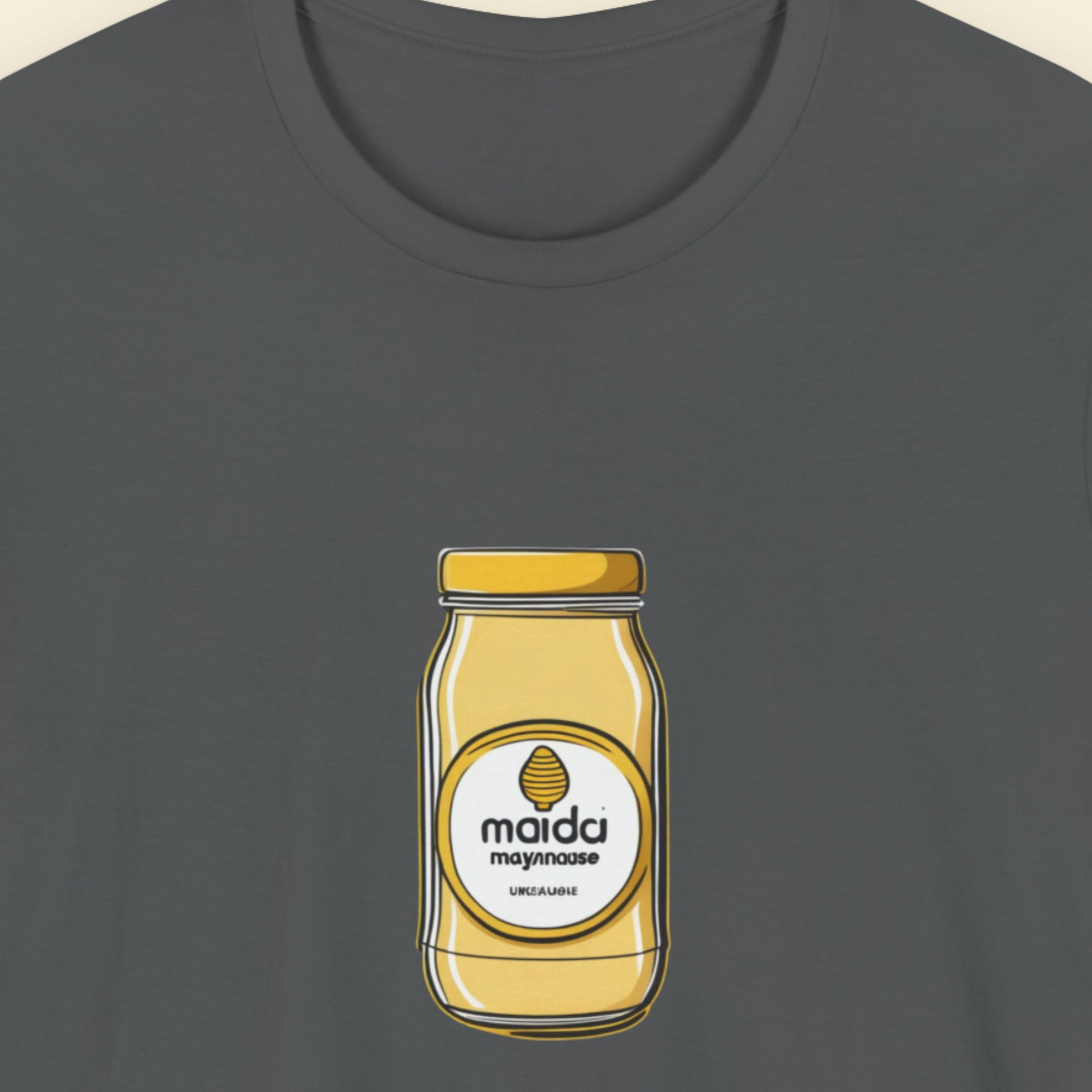 Dark grey t-shirt with a drawing of a name brand condiment jar.