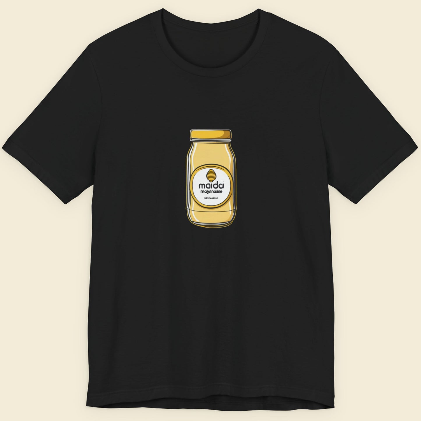 Black t-shirt with a jar of maida mayo graphic on a beige background