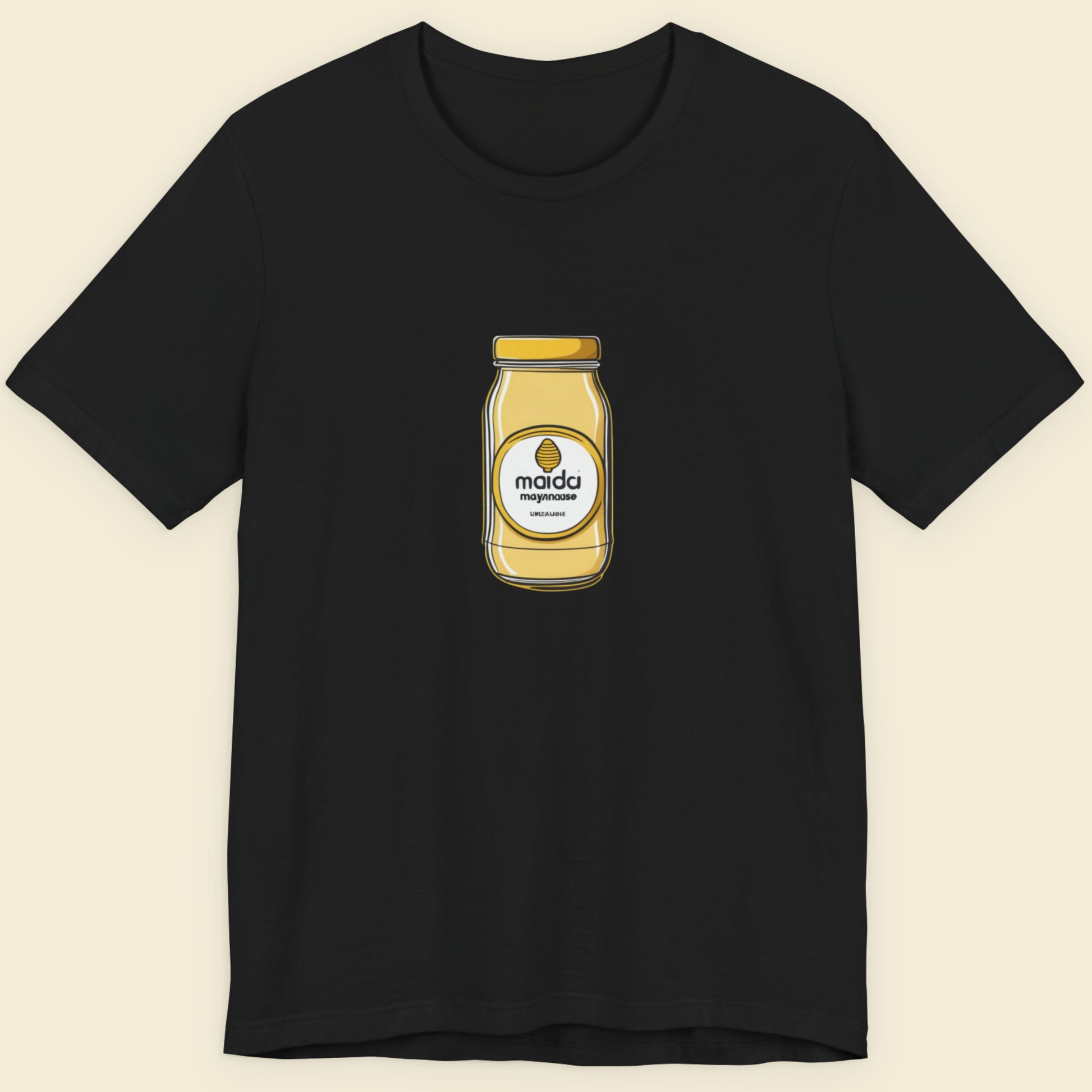 Black t-shirt with a jar of maida mayo graphic on a beige background