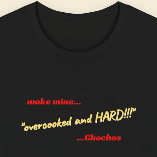 Black t-shirt with humorous colorful text on a beige background.