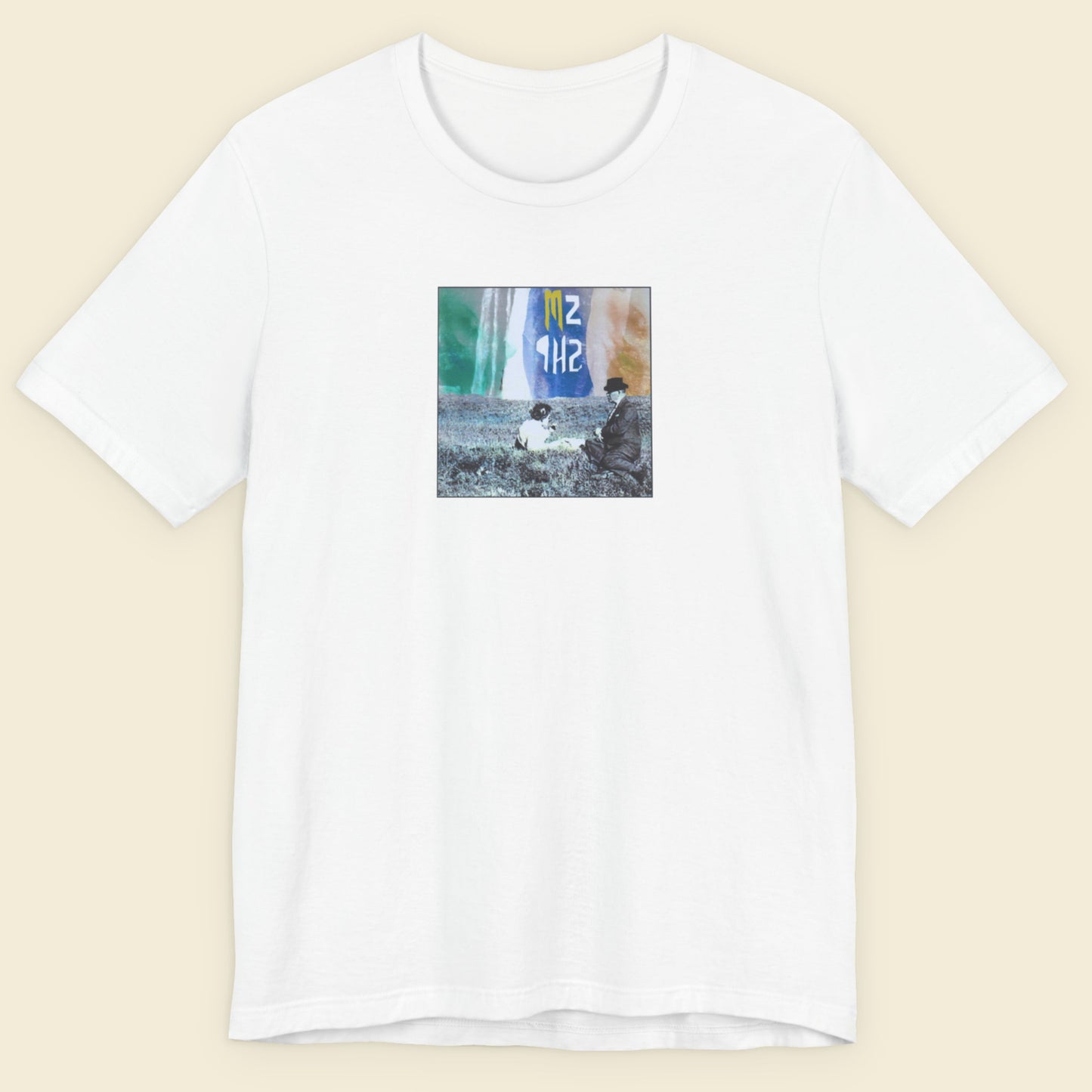 white t-shirt featuring masks phantoms spang nut god banner album cover graphic