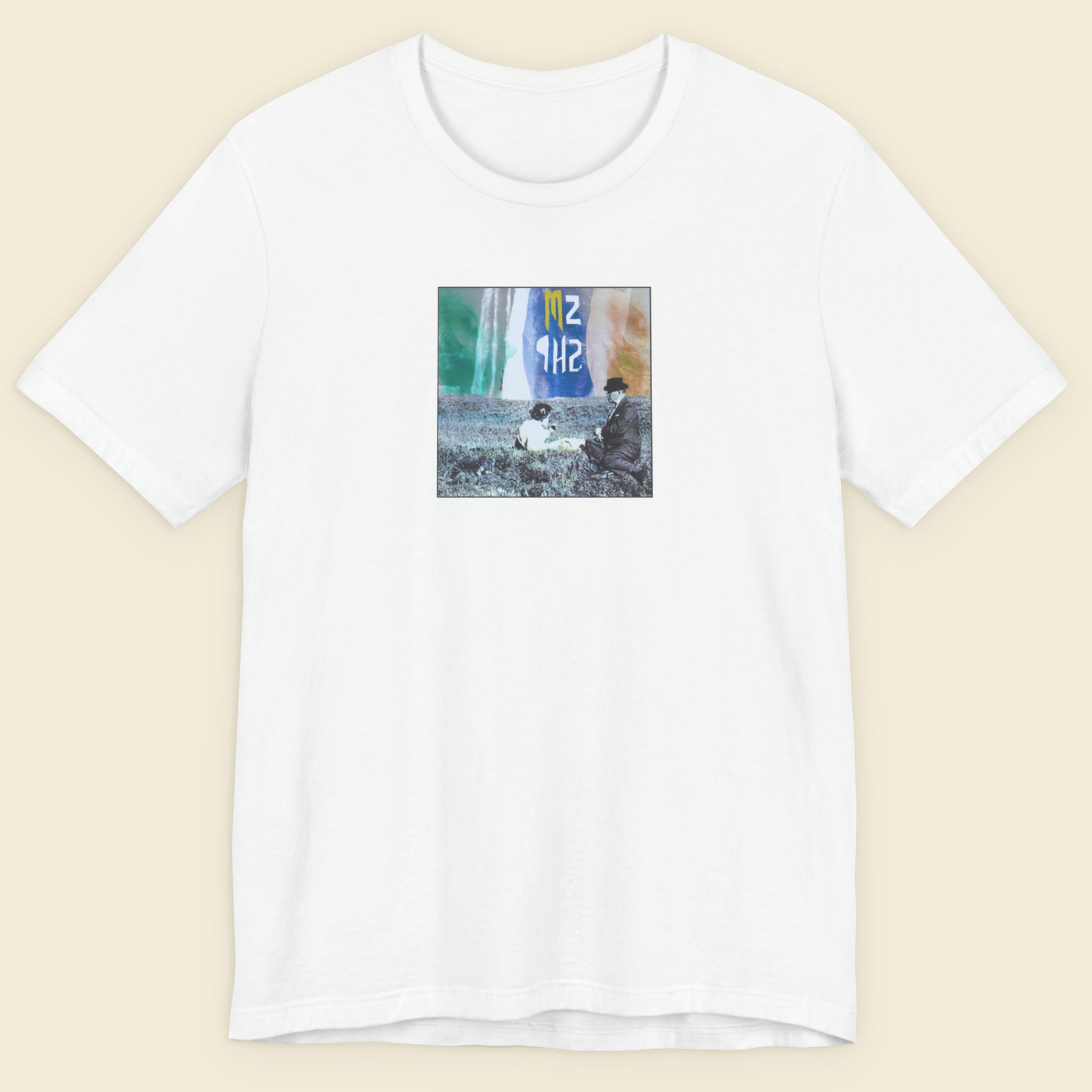 white t-shirt featuring masks phantoms spang nut god banner album cover graphic