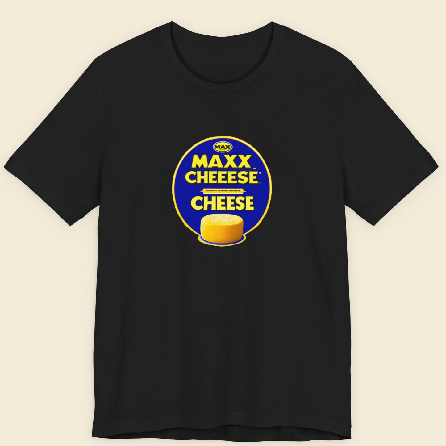 Black t-shirt with a fun, colorful cartoon illustration on a beige background.