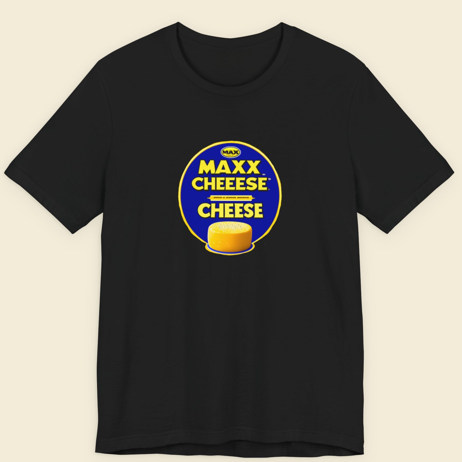 Black t-shirt with a fun, colorful cartoon illustration on a beige background.