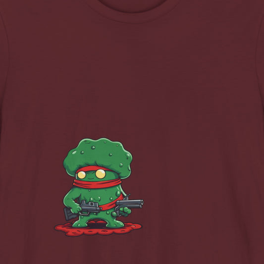 Green cartoon character with a red scarf and weapon on a maroon background.
