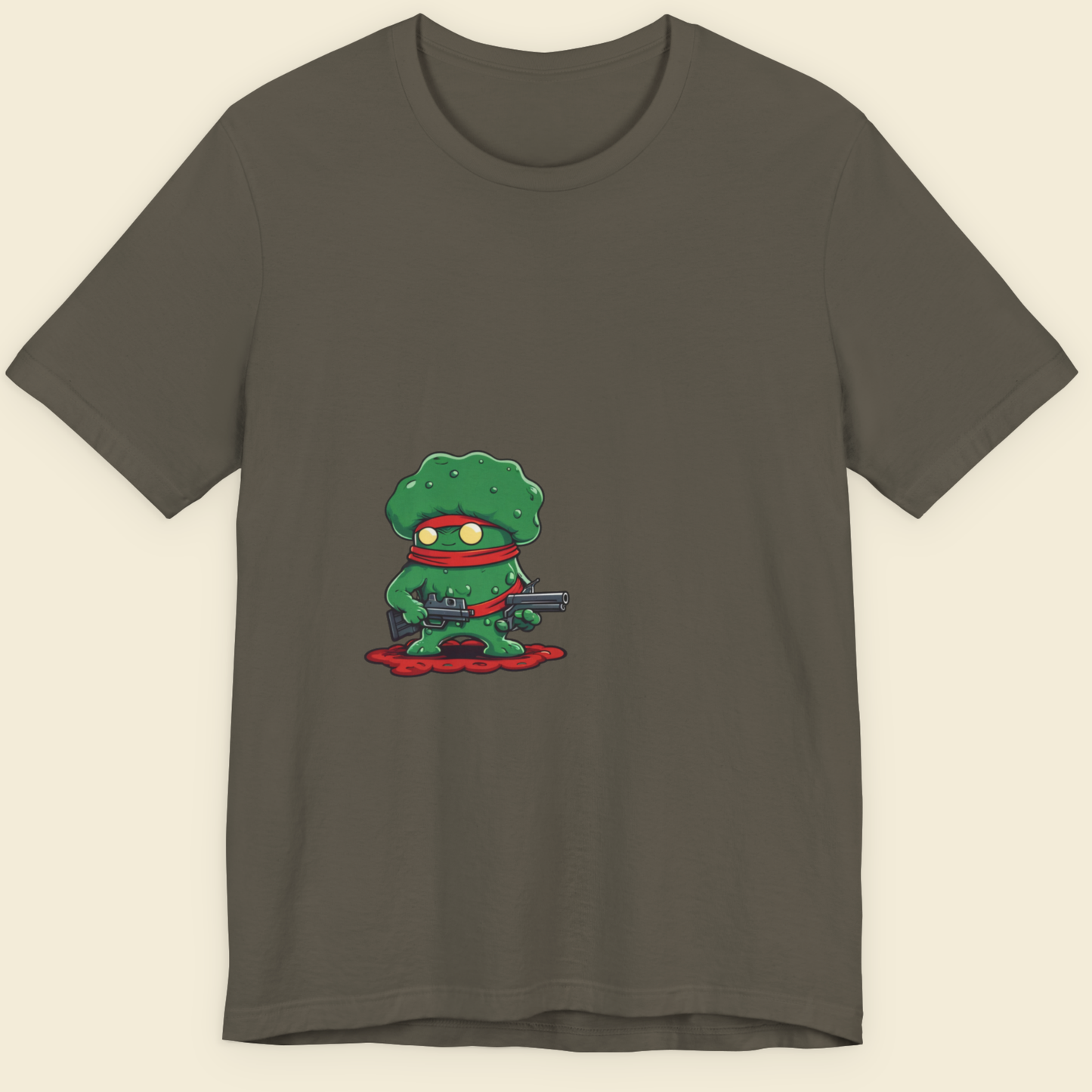 Army green t-shirt with a green superhero character holding a gun on a beige background