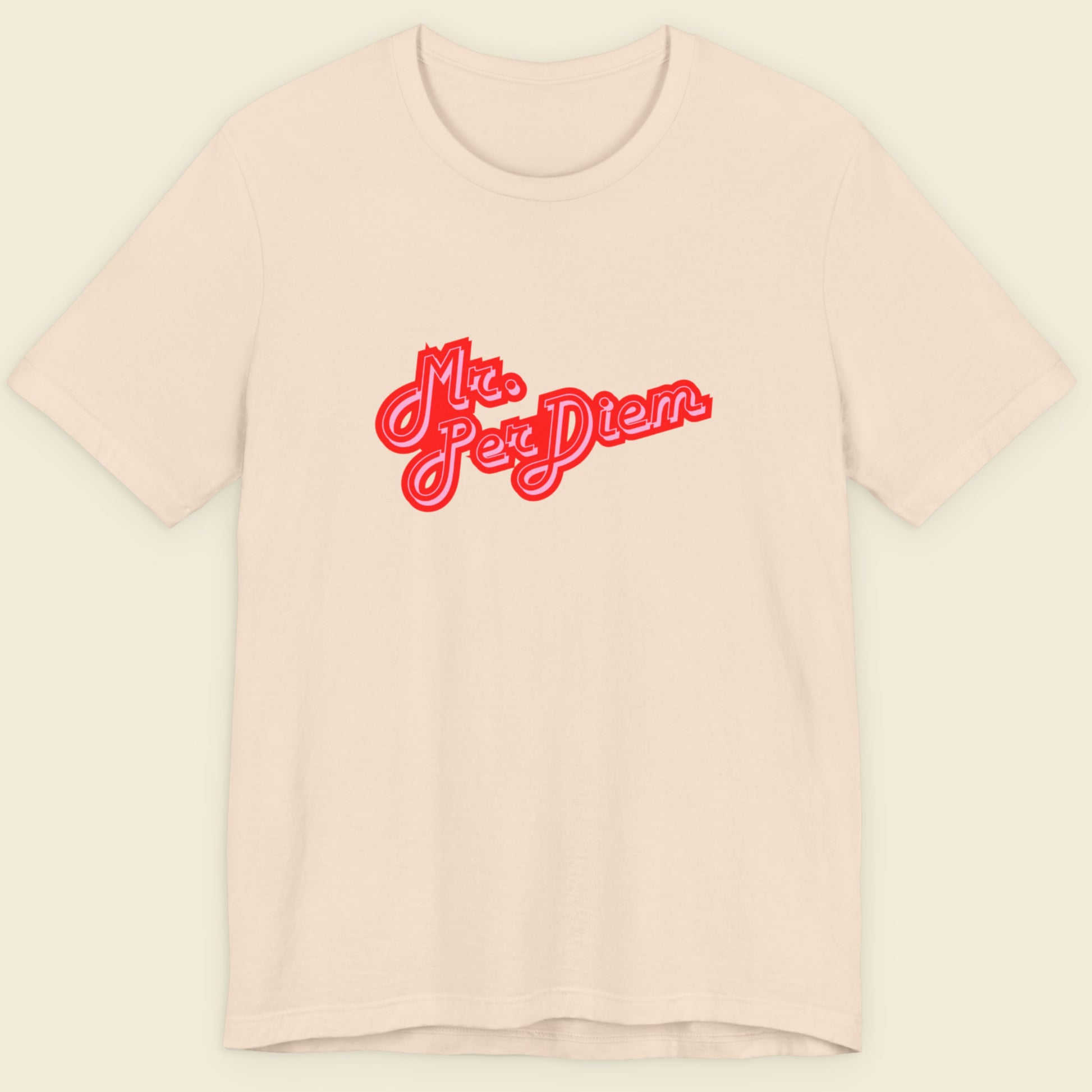 Beige t-shirt with red text on a beige background.