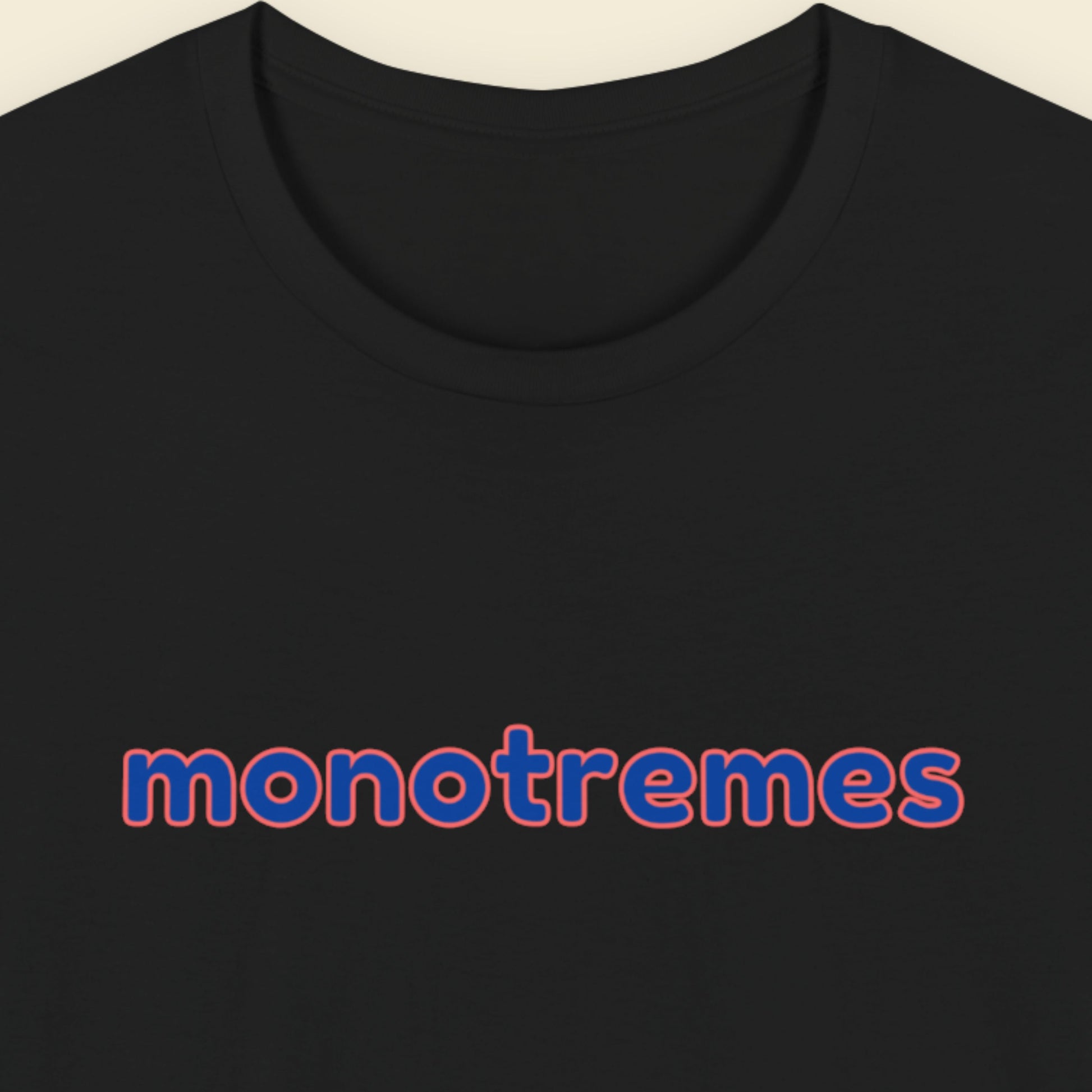 Black t-shirt with humorous multi-colored text on a beige background.