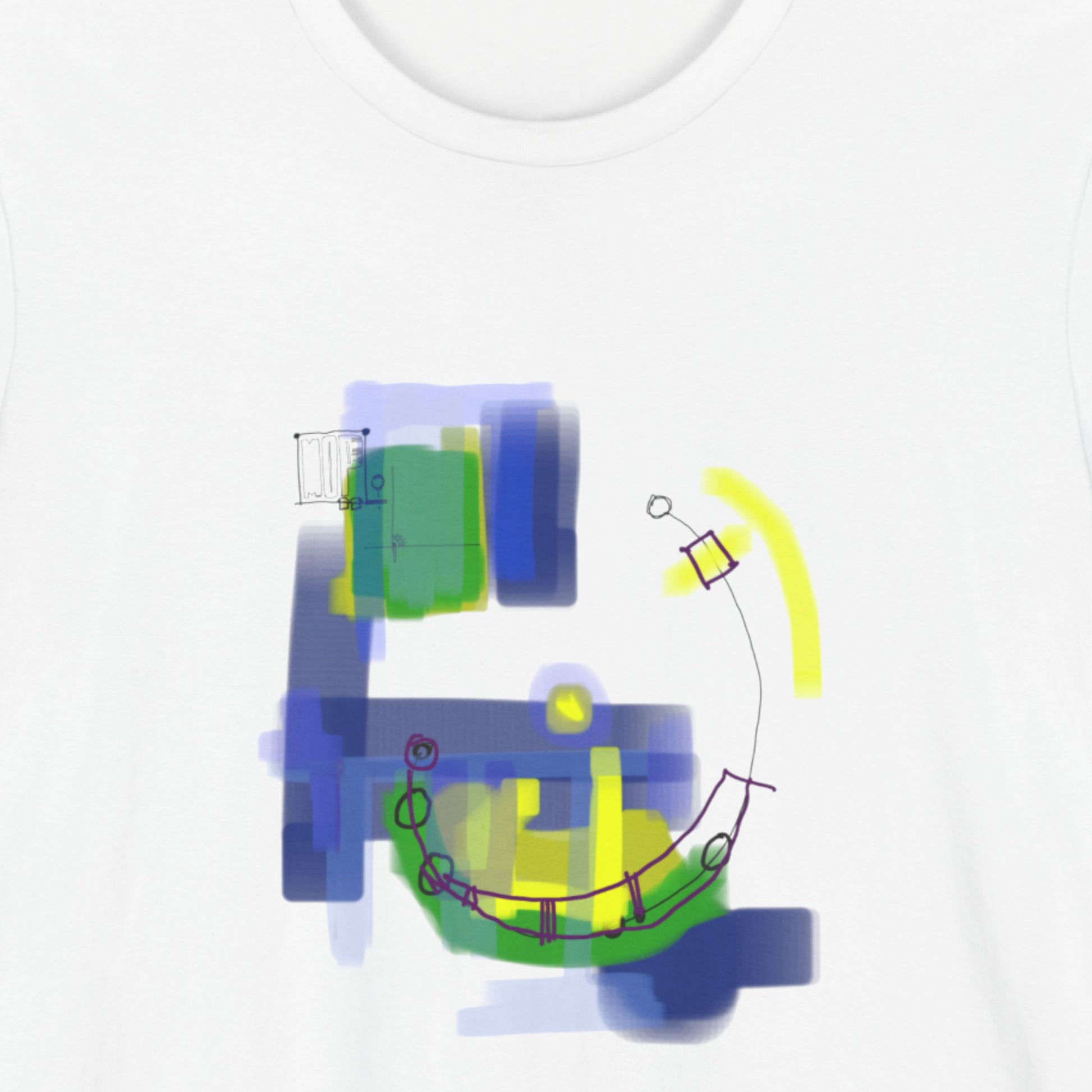 White t-shirt with a colorful abstract drawing on a beige background.