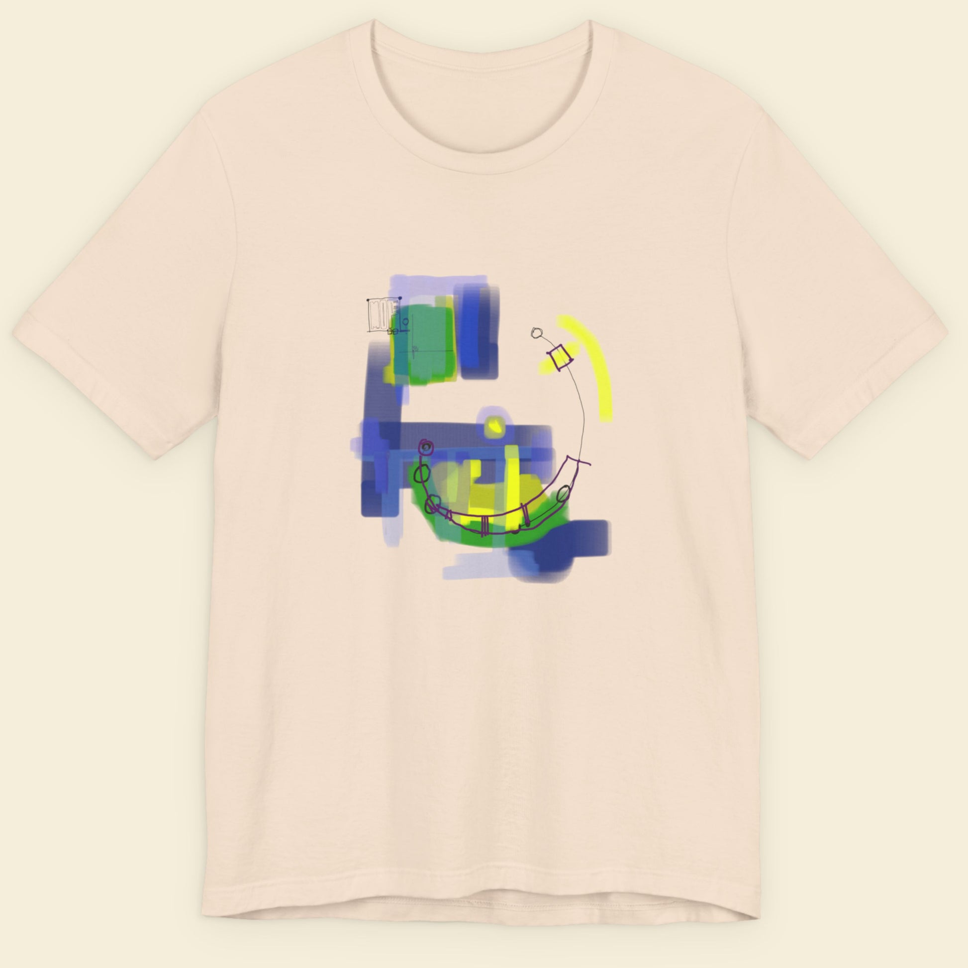 Beige t-shirt with a colorful abstract drawing on a beige background.