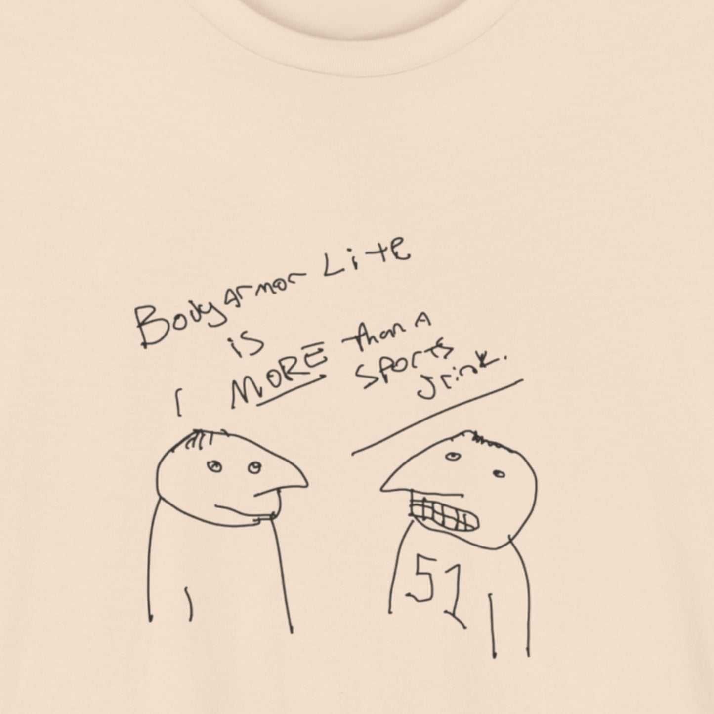 Beige t-shirt with a line drawing.