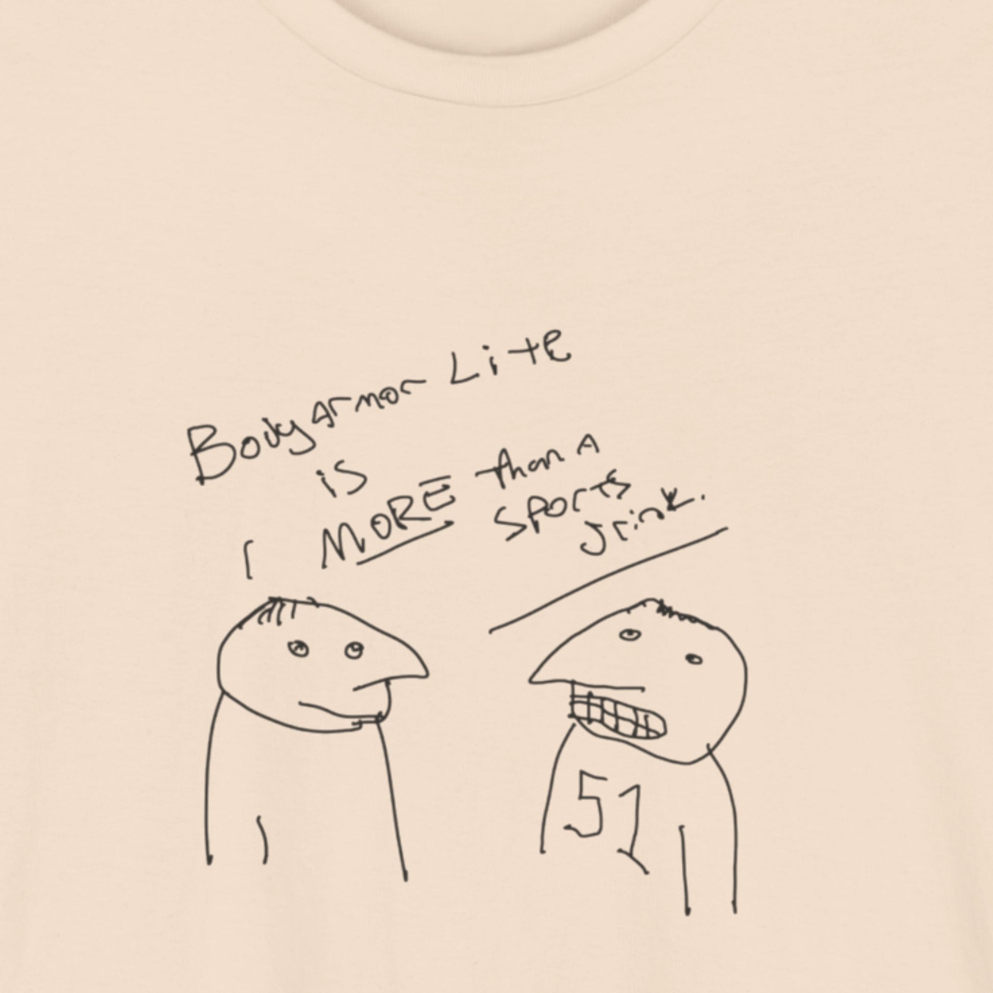 Beige t-shirt with a line drawing.