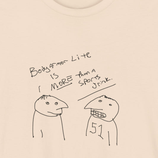 Beige t-shirt with a line drawing.