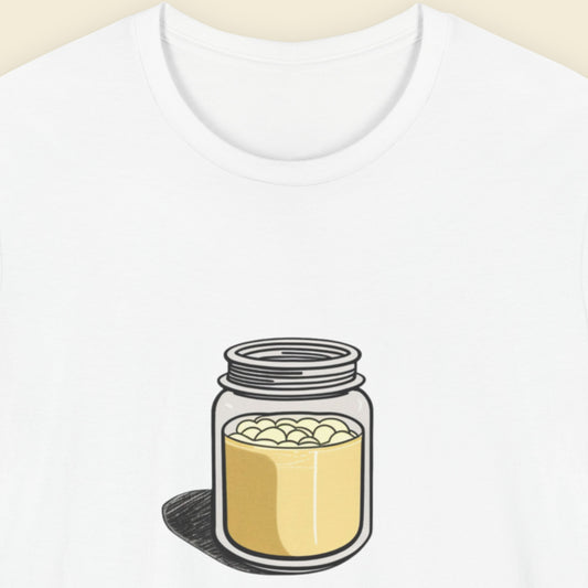White t-shirt with a fun, colorful cartoon illustration on a beige background.