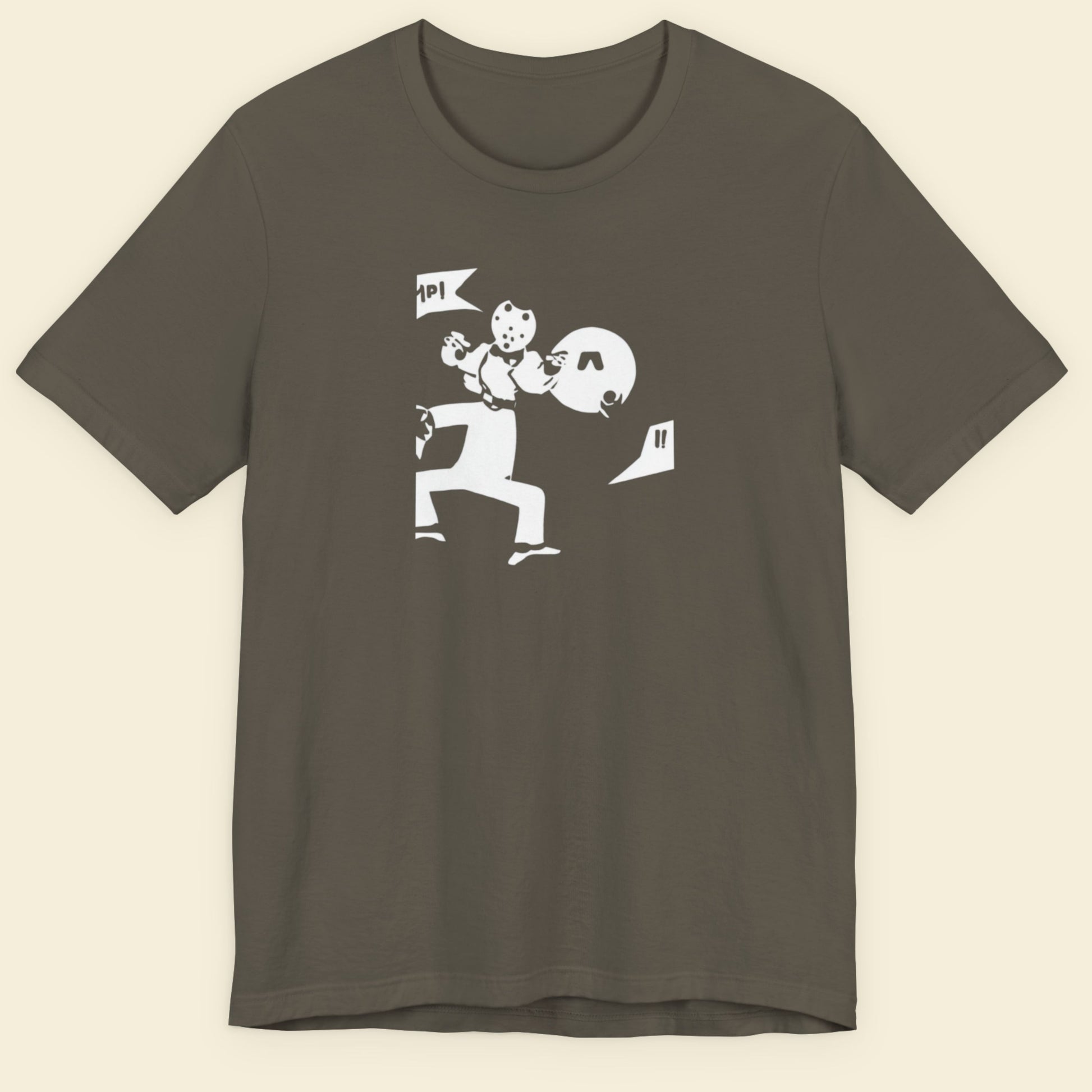 Army green t-shirt with a fun, cartoon illustration on a beige background.
