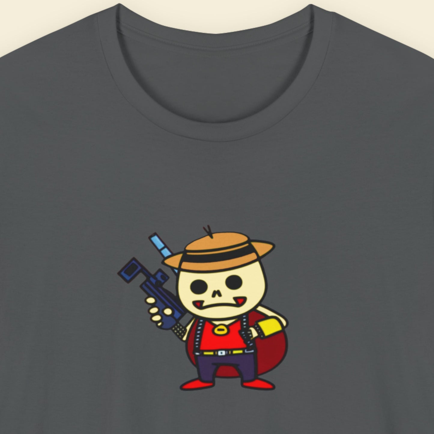 Grey t-shirt with a fun, colorful cartoon bounty hunter illustration on a beige background.