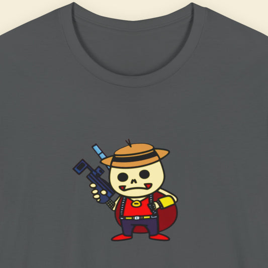Grey t-shirt with a fun, colorful cartoon bounty hunter illustration on a beige background.