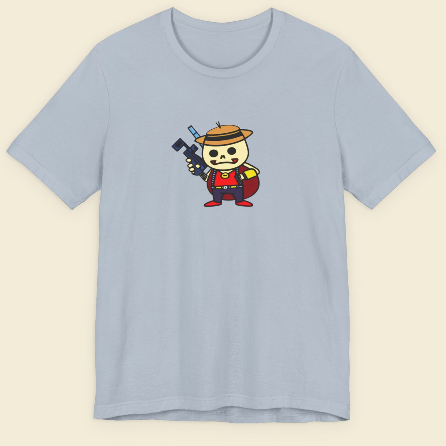 Light blue t-shirt with a fun, colorful cartoon bounty hunter illustration on a beige background.