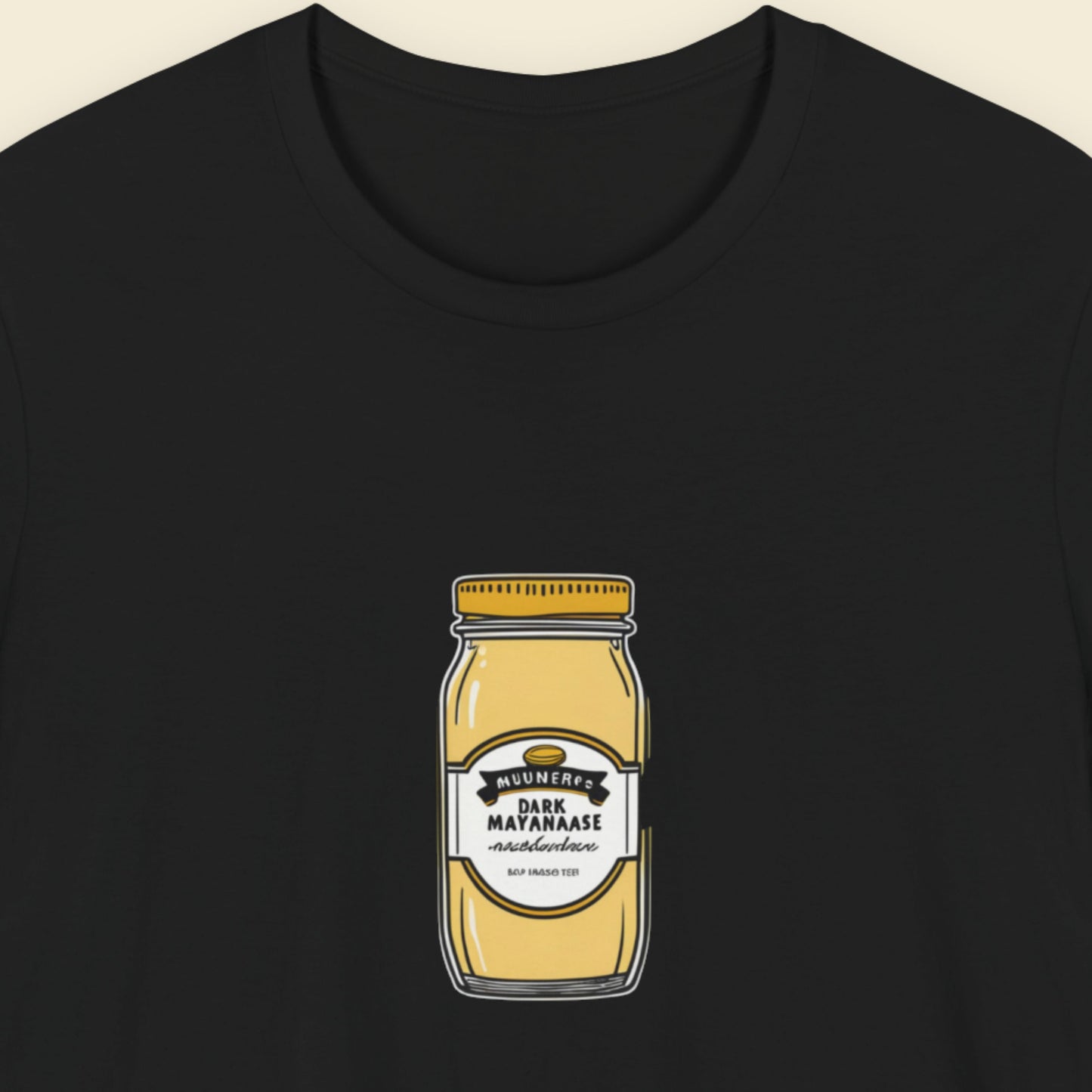 Black t-shirt with a drawing of a jar Swedish Mayonnaise on a beige background.