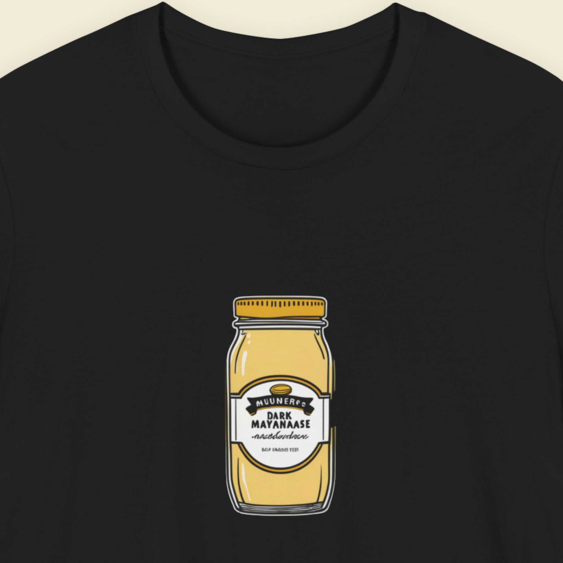 Black t-shirt with a drawing of a jar Swedish Mayonnaise on a beige background.