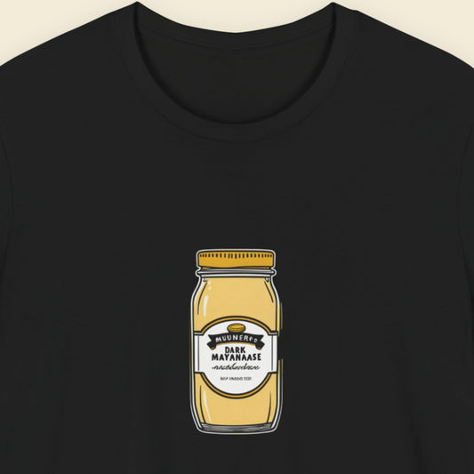 Black t-shirt with a drawing of a jar Swedish Mayonnaise on a beige background.