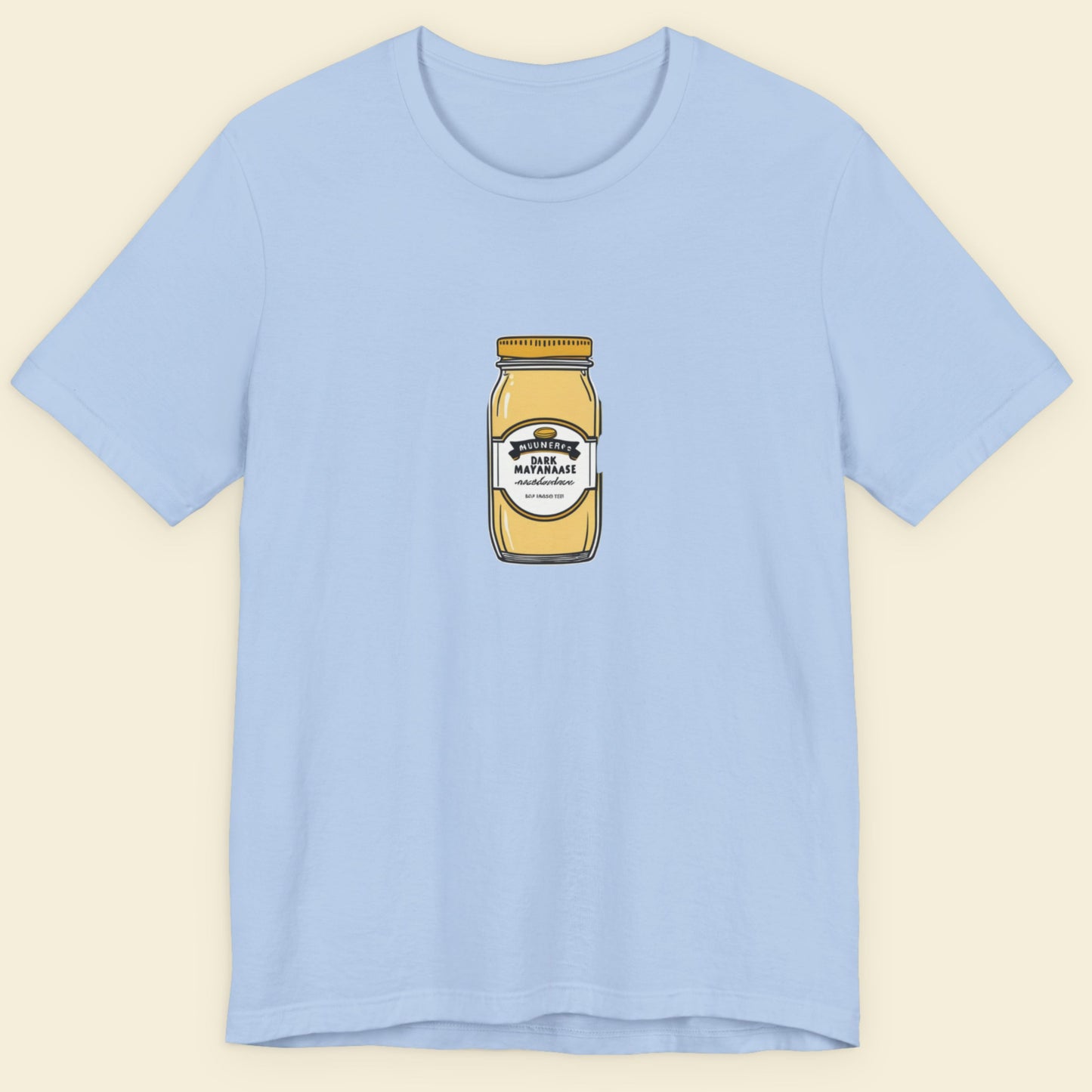 Light blue t-shirt with a drawing of a jar Swedish Mayonnaise on a beige background.